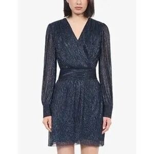 The Kooples Metallic V-Neck Cinched-Waist Woven Mini Dress in Navy Sz FR 2/US Me
